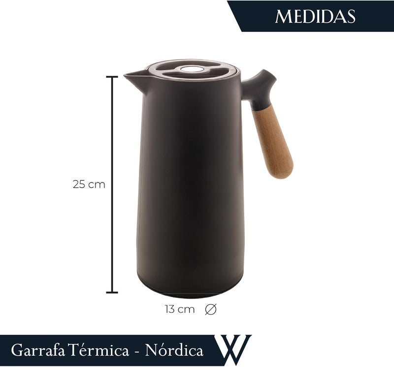 WLFF - Thermal Coffee Carafe - 34oz / 1L Insulated Plastic Exterior Carafe for Hot or Cold Drinks - Leakproof Coffee and Tea Dispenser with Wood-like Handle and Glass Liner - Black, 34floz/1L - Image 3